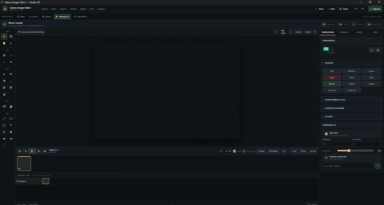 Interface do Saturn Image Editor no workspace Animação 2D